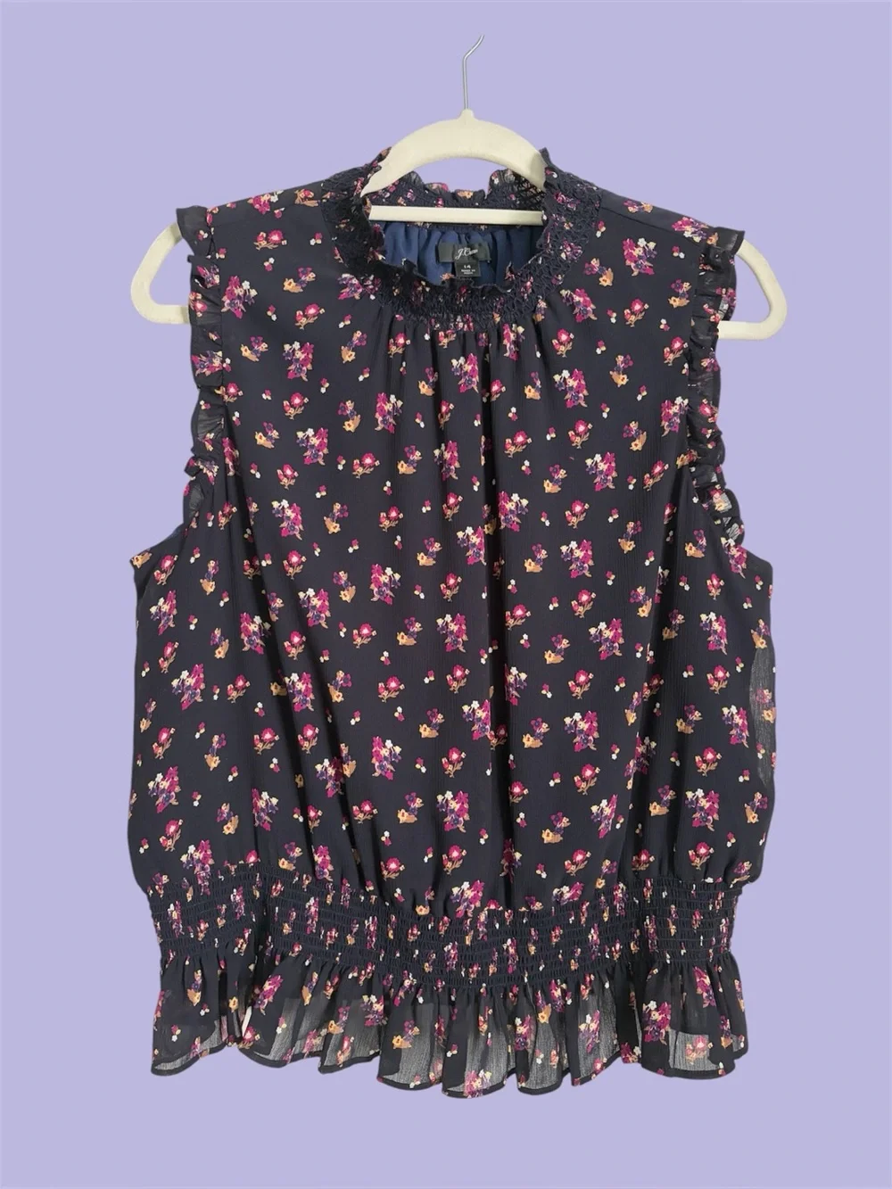 J.Crew Women's Sleeveless Smocked Top in Ditsy Floral Navy 14